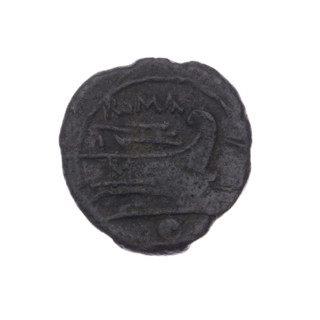 Obv. Helmeted head of Roma right; behind her mark of value o. Rev. Ship's prow right; above