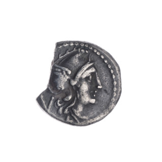 quinary, publisher, Dioscuri on horses, Roma (mythology), helmets, LT (issue mark), head of Roma,