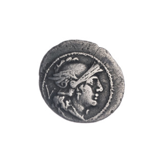 Quinary (coin), publisher; obverse: head of Roma right, behind her the value mark V; pearl border.