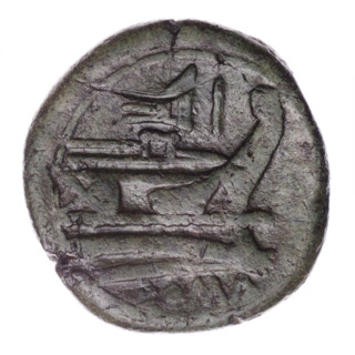 Head of Janus (iconographic) wearing laurel wreath; above value mark I. Continuous border. Reverse: