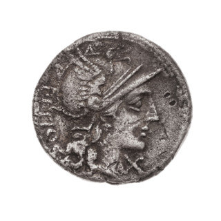 denarius, Sempronius Pitio, L. (fl. 148 BC), publisher; Obv. Head of Roma in helmet at right;