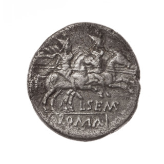 denarius, Sempronius Pitio, L. (fl. 148 BC), publisher; Obv. Head of Roma in helmet at right;