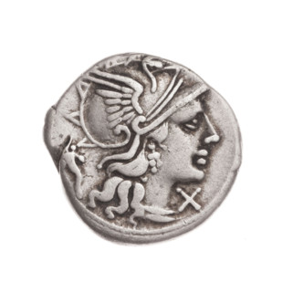 Denarius; obverse: helmeted head of Roma right, behind it a cornucopia, in front a value sign X;