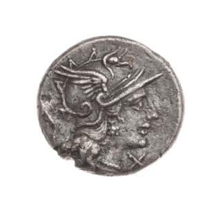 denarius; Dioscuri on horses; origin; Dioscuri (mythology); horses; Roma (mythology); cornucopias;