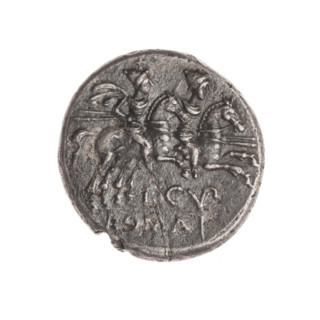 denarius; Dioscuri on horses; Dioscuri (mythology); horses; Roma (mythology); cornucopias; head of