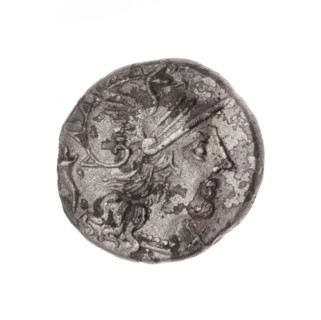Denarius subaeratus; obverse: helmeted head of Roma right, behind it a cornucopia, in front a sign