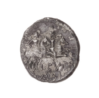 Denarius subaeratus; obverse: helmeted head of Roma right, behind it a cornucopia, in front a sign