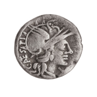 Denarius; C. Antestius (fl. 146 BC), publisher. Obv: Helmeted head of Roma right; behind,