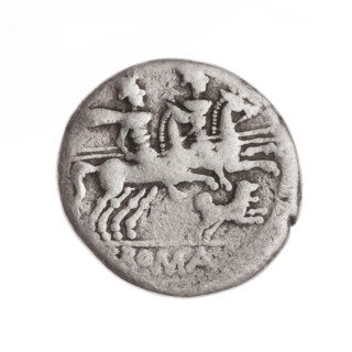 Denarius, C. Antestius (fl. 146 BC), publisher. Obverse: Helmeted head of Roma right; behind,