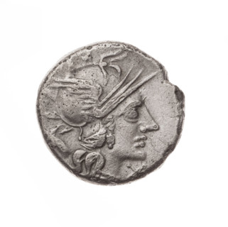 denarius, Iunius, M. (fl. 145 BC), publisher; Obv. Head of Roma in helmet facing right; behind her