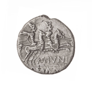 denarius, Iunius, M. (fl. 145 BC), publisher; Obv. Head of Roma in helmet right; behind her a