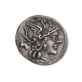 Denarius; issuer: M. Iunius (fl. 145 BC); obverse: helmeted head of Roma right, donkey's head