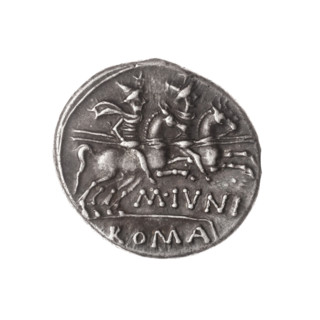 Denarius, M. Iunius (publisher), 145 BC. Obverse: Helmeted head of Roma right; behind it a donkey's