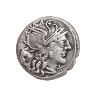 denarius, Iunius, M. (fl. 145 BC), publisher; Obv.: Head of Roma in helmet at right; behind her a
