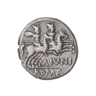 Denarius, M. Iunius (publisher), 145 BC. Obverse: Head of Roma in helmet at right; behind her a
