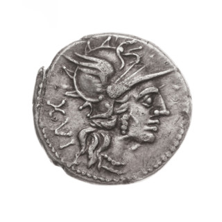denarius, Iulius, L. (fl. 141 BC), publisher; Obv. Head of Roma in helmet facing right; behind her