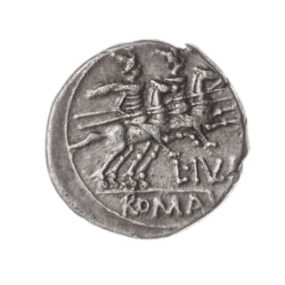 denarius, Iulius, L. (fl. 141 BC), publisher; Obv. Head of Roma in helmet right; behind her the