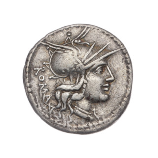 Denarius, publisher M. Tullius (fl. 120 BC). Obverse: head of Roma in a helmet facing right; behind