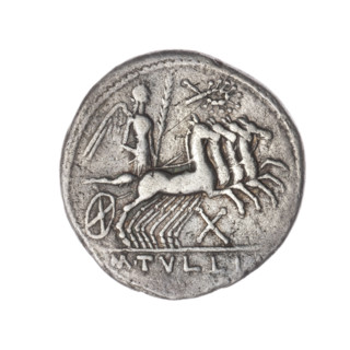 denarius, Tullius, M. (fl. 120 BC), publisher, Roma (mythology), horses, quadrigae, message,