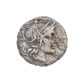 Denarius, M. Tullius (publisher), c. 120 BC. Obverse: Head of Roma in a helmet at right; behind her