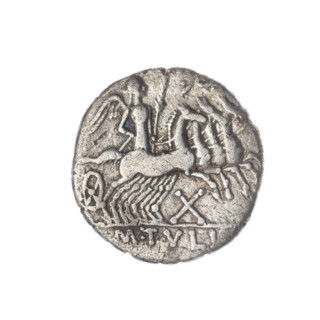 Denarius, M. Tullius (fl. 120 BC), publisher. Obv: Head of Roma in a helmet at right; behind her