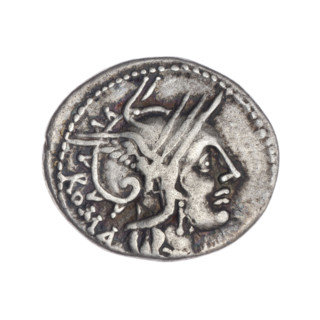 Denarius; issuer: M. Tullius (publisher), fl. 120 BC. Obverse: head of Roma in helmet at right;