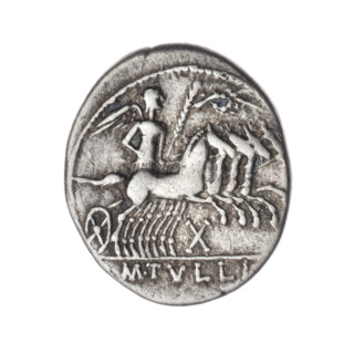 Denarius; issuer: M. Tullius (fl. 120 BC); obverse: head of Roma in helmet at right, inscription