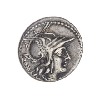 Denarius; M. Tullius (publisher, fl. 120 BC). Obverse: head of Roma in a helmet facing right;