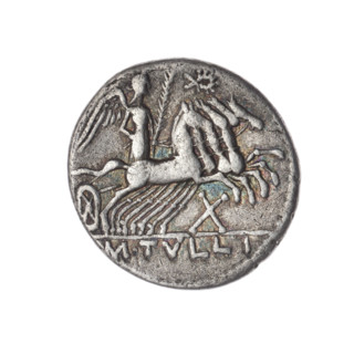 Denarius; issuer: M. Tullius (fl. 120 BC); obverse: head of Roma in a helmet at right, behind her