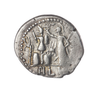 Denarius by M. Furius Philus (fl. 119 BC). Obverse: Head of Janus in a laurel wreath; inscription M