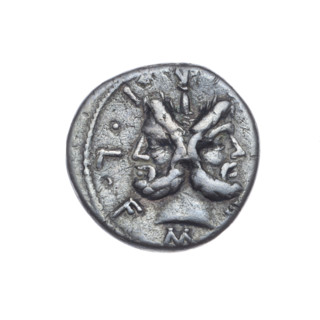 Denarius; M. Furius Philus (fl. 119 BC), issuer. Obverse: head of Janus in a laurel wreath;