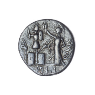Denarius, M. Furius Philus (fl. 119 BC), obverse: head of Janus in a laurel wreath; inscription M.