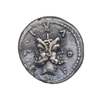 Denarius, M. Furius Philus (fl. 119 BC), Obv: Head of Janus in a laurel wreath; inscription
