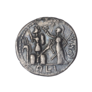Denarius; issuer: M. Furius Philus (fl. 119 BC). Obverse: Head of Janus in a laurel wreath;