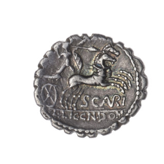 denarius serratus, Aurelius Scaurus, M. (fl. 118 BC), publisher, Licinius Crassus, L. (fl. 118 BC),