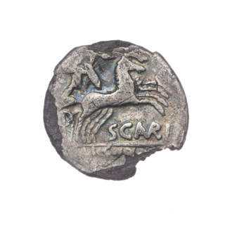 Denarius subaeratus; Aurelius Scaurus, M. (fl. 118 BC), publisher; Licinius Crassus, L. (fl. 118