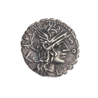 Denarius serratus, 118 BC. Obverse: Head of Roma wearing an Attic helmet facing right; inscription