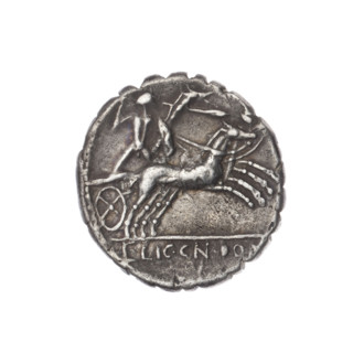 Denarius serratus, 118 BC. Obverse: Head of Roma in an Attic helmet right; inscription L.COSCO.MF
