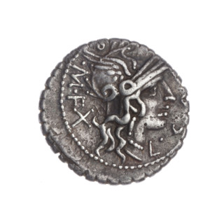 Denarius serratus. Obverse: Head of Roma in an Attic helmet facing right; around inscription L C O