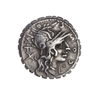Denarius serratus; publishers: L. Cosconius (fl. 118 BC), L. Licinius Crassus (fl. 118 BC), Cn.