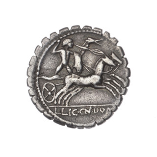 Denarius serratus; obverse: head of Roma in an Attic helmet facing right, inscription L.COSCO.MF (S