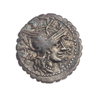Denarius serratus; Publicius Malleolus, C. (fl. 118 BC), publisher; Licinius Crassus, L. (fl. 118
