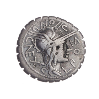 denarius serratus; issuers/publishers: L. Pomponius (fl. 118 BC), L. Licinius Crassus (fl. 118 BC),