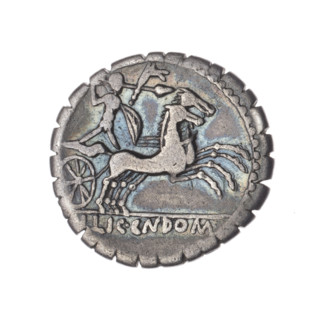 Denarius serratus; publishers: L. Pomponius (fl. 118 BC), L. Licinius Crassus (fl. 118 BC), Cn.