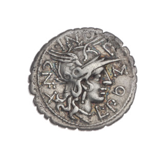 denarius serratus, Pomponius, L. (fl. 118 BC), publisher, Licinius Crassus, L. (fl. 118 BC),