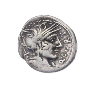 Denarius; Obverse: Helmeted head of Roma right; inscription Q.CVRT in front; sign of value X