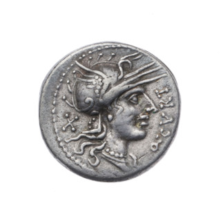 Denarius; obverse: helmeted head of Roma right, inscription Q.CVRT in front, sign of value X
