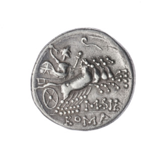 Denarius, 116–115 BC. Obverse: Helmeted head of Roma right; inscription 'Q.CVRT' in front; value