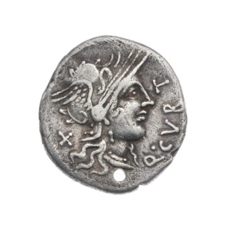 Denarius; publishers Q. Curtius and M. Silanus (fl. 116–115 BC). Obverse: Helmeted head of Roma