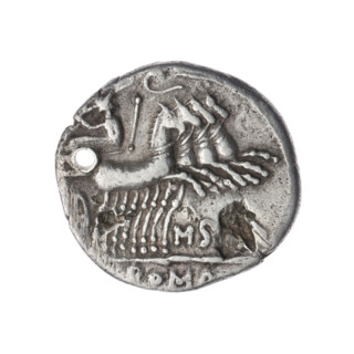 Denarius; obverse: helmeted head of Roma right, inscription Q.CVRT in front, sign of value X